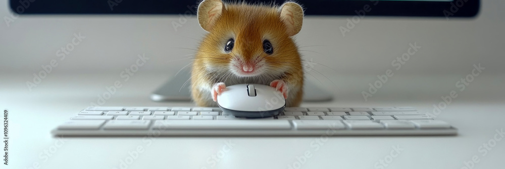 Poster a small hamster sits on a desk, curiously exploring a computer mouse while a keyboard is displayed i
