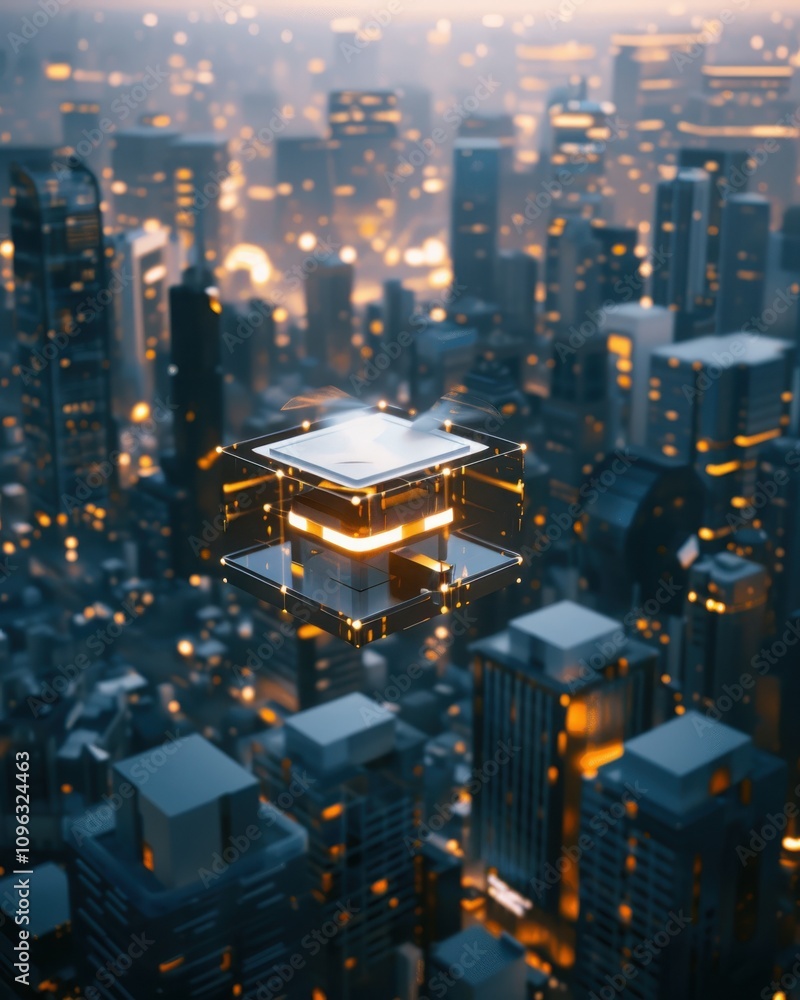 Aufkleber illuminated package delivery by drone futuristic cityscape conceptual image emphasizing speed and in