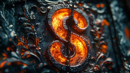 A fiery dollar sign symbol burns brightly on a dark, ornate metal background.