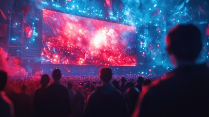 A large crowd of people stand facing a large video screen showing an explosion of red and blue light.