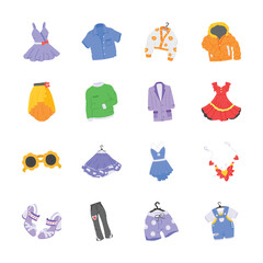 A vibrant assortment of clothing and accessories illustrated in a playful, flat design style