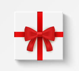 Gift open box top view. Celebration prize square box with red bow. Vector realistic birthday decoration