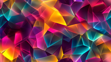 Obraz premium Seamless Abstract Background with Shiny Faceted Shapes in Multicolored Neon Tones Creating a Vibrant and Futuristic Geometric Pattern