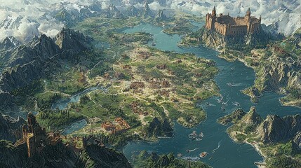 A vast fantasy island map with detailed landscapes, mountains, rivers, and majestic castle structures set against vibrant oceans creating an epic journey's backdrop.