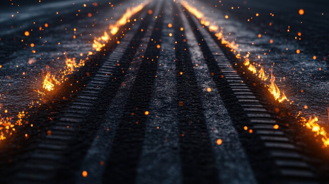 Close-up black tire marks on the road surface at the racetrack with flames.