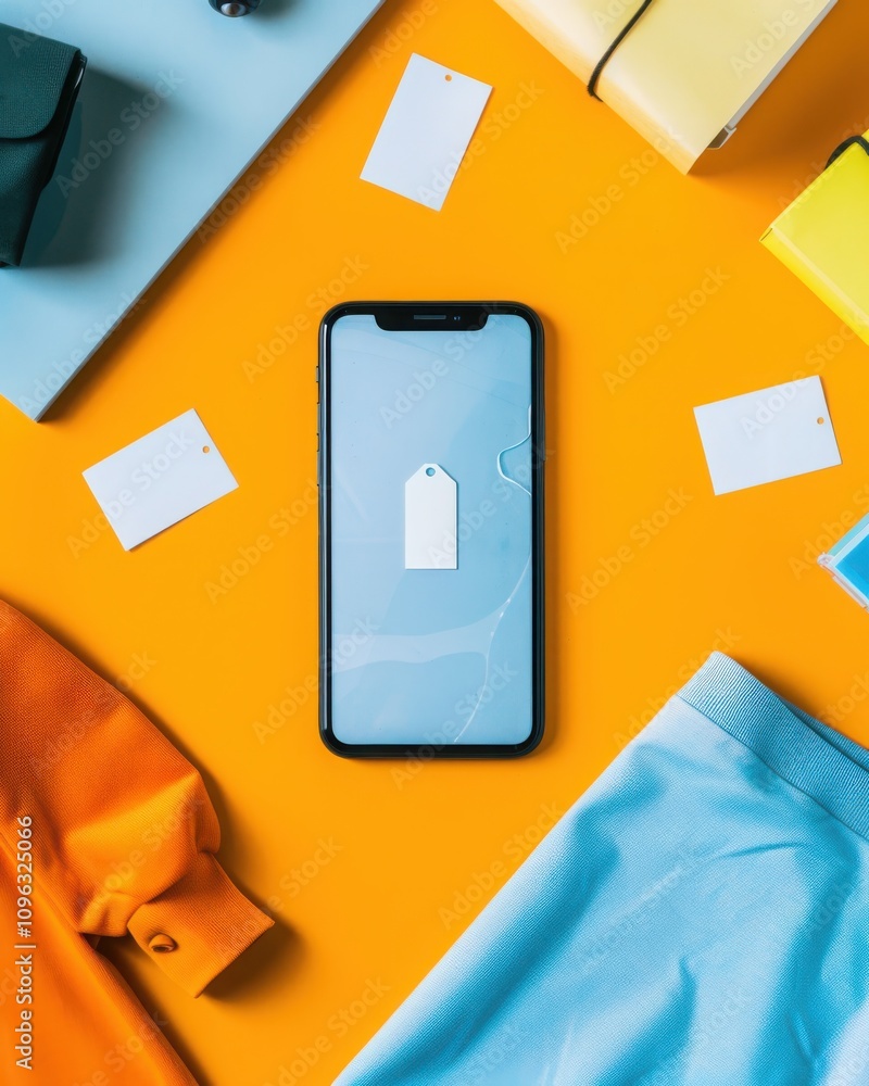 Poster dynamic flat lay of smartphone displaying social media shopping page home environment product images