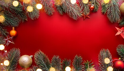 red christmas background with fir branches lights and decorations