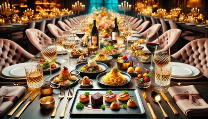 A beautifully arranged gourmet food scene on a luxurious dining table. The table is adorned with elegant plates of exquisite dishes