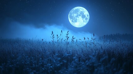 Fototapeta premium A full moon shines brightly over a field of tall grass, with clouds and a starry sky in the background.
