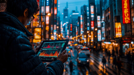 Obraz premium A man focuses on market data displayed on his tablet while surrounded by vibrant city lights and bustling streets during nighttime