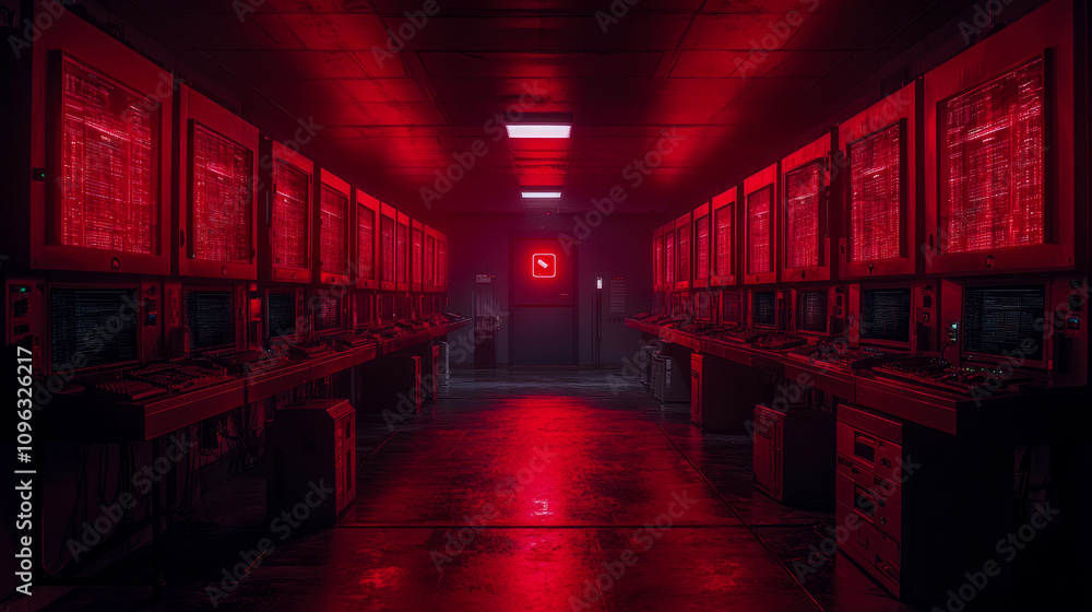 Aufkleber red lights cast an eerie glow in a data center, where numerous computer terminals display digital da
