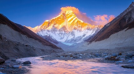 Majestic mountain peak at sunset with a flowing river in the foreground.