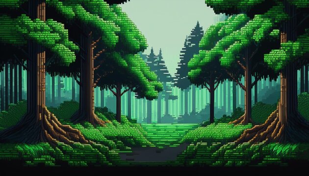 8bits pixel art of a dark green forest with black shadows