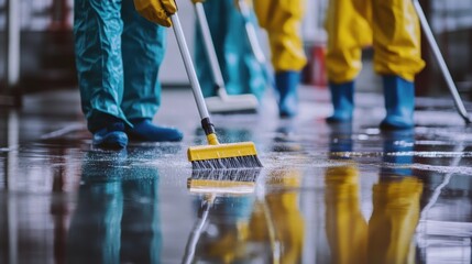 Professional Team of Cleaners Using Industrial Equipment