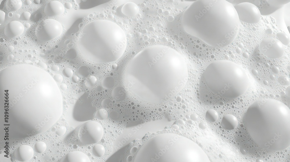 Poster an abstract soap foam bubbles texture with larger bubbles dispersed among smaller ones, all in white