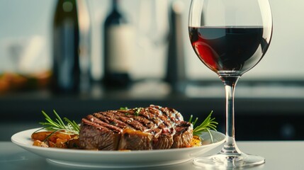 Savoring minimalist steak platter modern kitchen high-end stock photo warm lighting close-up bold textures and colors with wine
