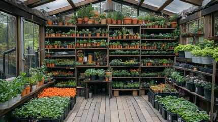 Fototapeta premium A greenhouse filled with various plants and flowers, displayed on wooden shelves.