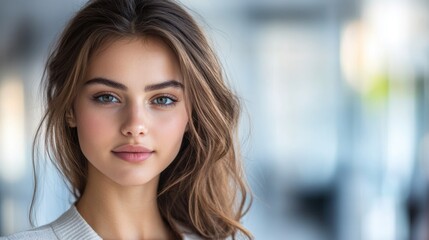 A young woman with long brown hair and blue eyes looks directly at the camera with a neutral expression.