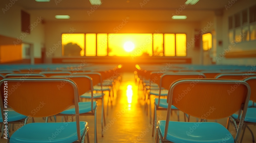 Poster a large empty auditorium with rows of chairs facing a bright window with a sunset view.