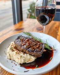 Savoring a perfectly plated steak with garlic mashed potatoes and rosemary accompanied by a tall glass of red wine in a modern restaurant setting