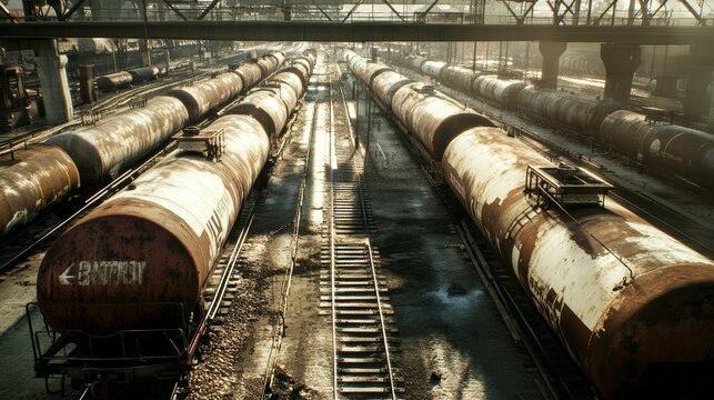 A high angle view of a train yard with several rusty tanker cars on parallel tracks.
