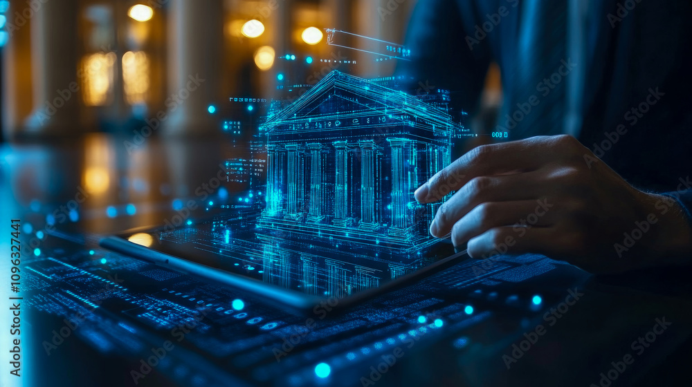 Poster a person interacts with a tablet displaying a holographic image of a historic building in a contempo