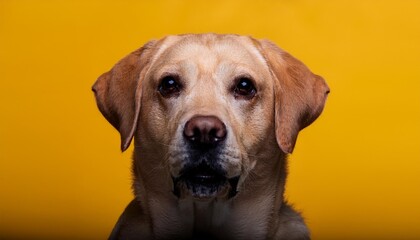 portrait of a cute labrador inf ront of a yellow background