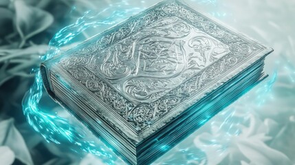 Obraz premium Ornate silver covered book radiating vibrant blue mystical energy for use in spiritual or fantasy website headers and presentations.