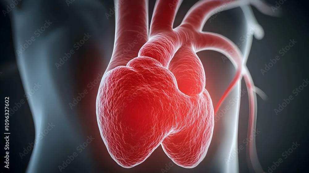 Poster dynamic heart pumping action - close-up of red cells in motion with illuminated veins and vibrant pl