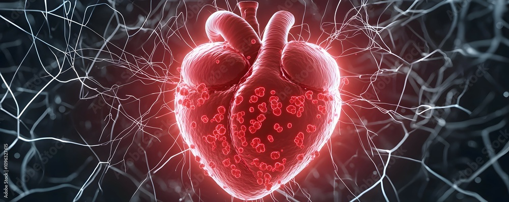 Poster dynamic heartbeat pulsating red cells in vivid detail - intense energy flowing through intricate vei