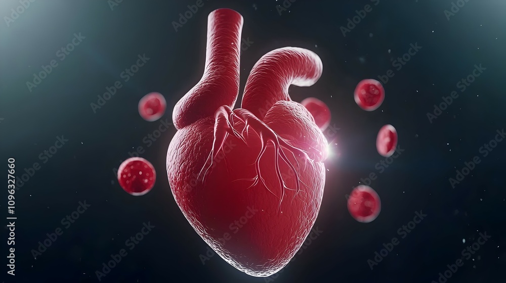 Poster dynamic heart pulsation with vibrant red cells - lifelike microscopic view of energy veins and plasm