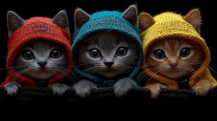 Fototapeta premium Three adorable kittens in red, blue, and yellow hoodies are sitting closely, showcasing their playful expressions and vibrant outfits