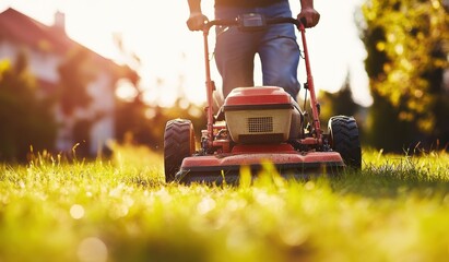 A man mowing the grass with a lawn mower in a garden on a sunny day. The man is working on his home yard or a park, using a lawnmower to cut the green meadow