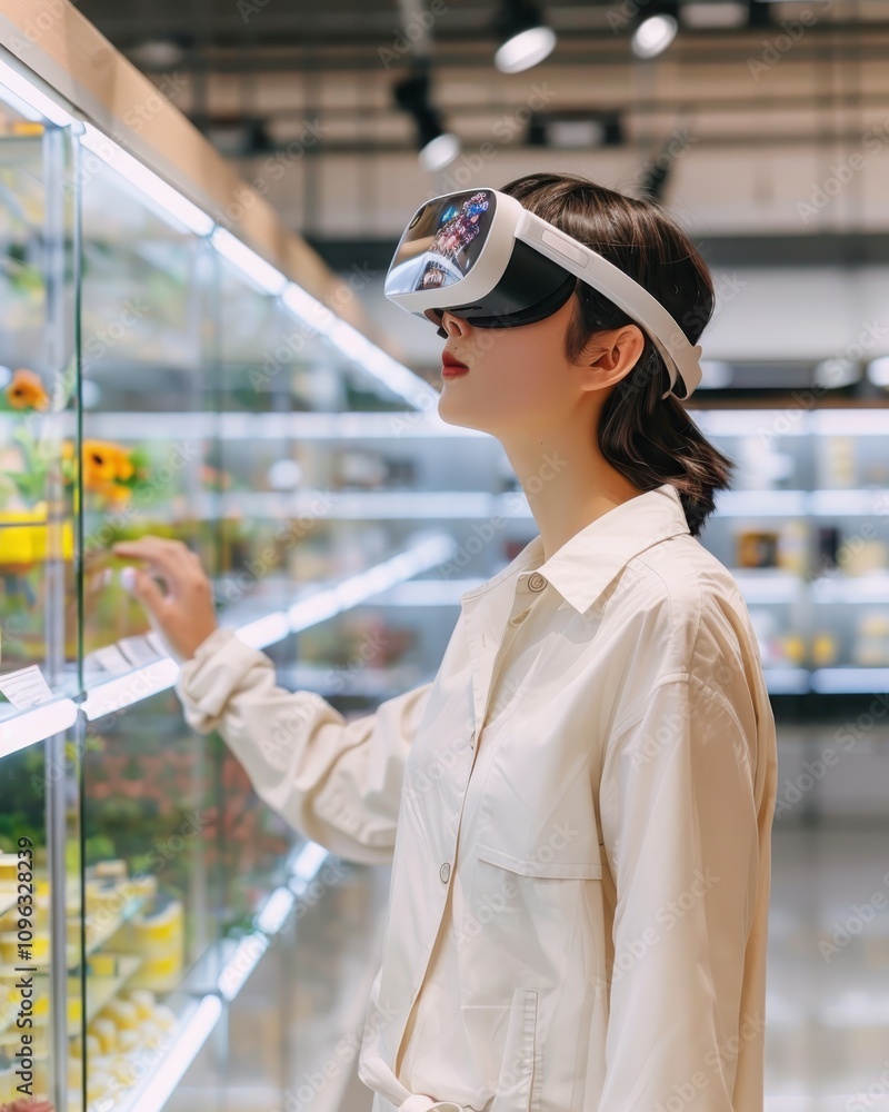 Poster shopper engaging with augmented reality display of virtual products retail space interactive technol