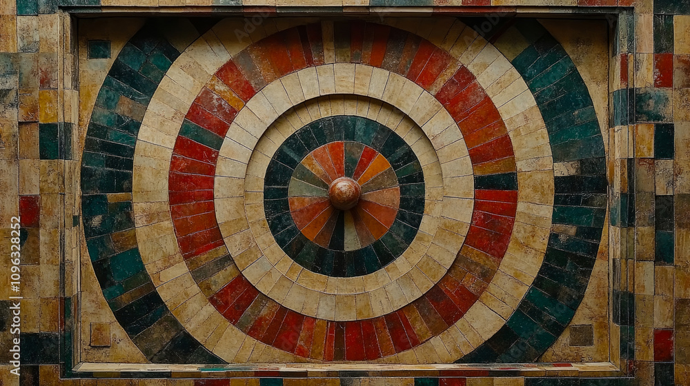 Poster intricate circular design features colorful concentric rings with a central sphere, showcasing vibra