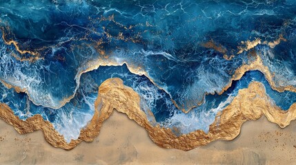 Obraz premium Aerial view of vibrant blue ocean waves crashing onto a sandy shore, creating a beautiful contrast between the water and the beach.