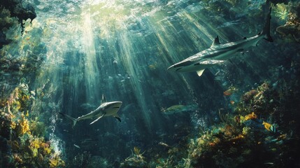 Obraz premium Sharks swimming majestically through a deep-sea environment, with sunlight streaming through the water