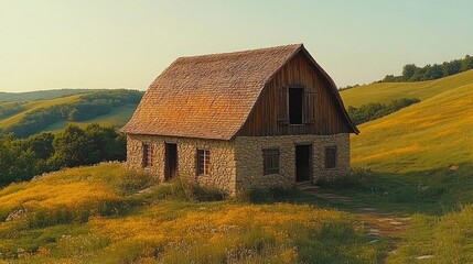 Obraz premium Serene Stone Barn on Rolling Hills