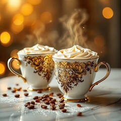 Fototapeta premium Bokeh-drenched cappuccino cups, creamy milk foam artistry.