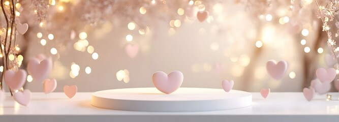 A delicate white podium with a shiny surface, surrounded by glowing pink hearts and soft golden lights, leaving room for showcasing a Valentine is gift.