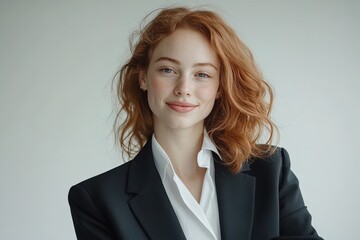 Confident young woman with red hair wearing a blazer smiles against a neutral background