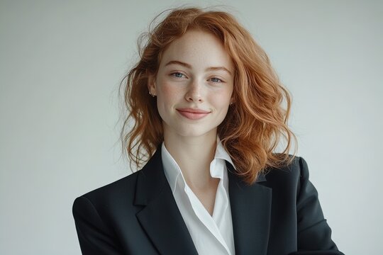 Confident young woman with red hair wearing a blazer smiles against a neutral background