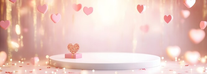 A delicate white podium with a shiny surface, surrounded by glowing pink hearts and soft golden lights, leaving room for showcasing a Valentine is gift.