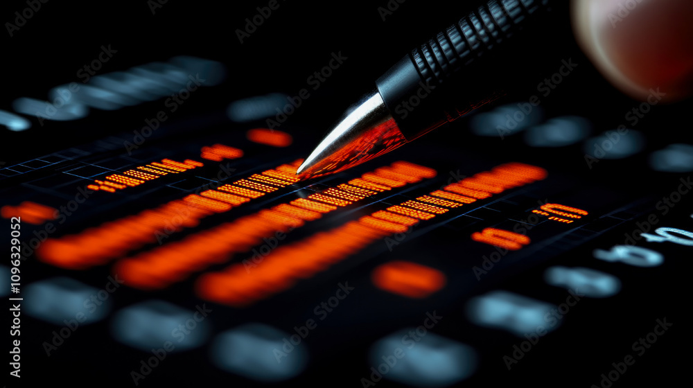 Aufkleber a hand with a pen touches a vibrant electronic display, highlighting fluctuating data signals and nu