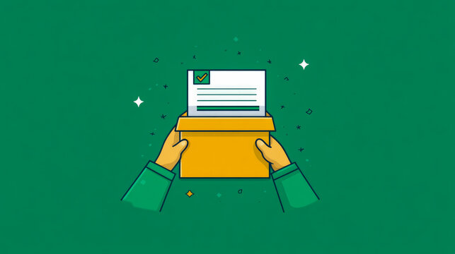 Two hands hold a yellow box containing a checked document, signifying successful completion of a task in a digital environment