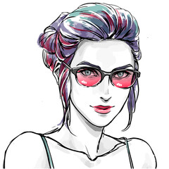 Fashion illustration, woman portrait in sunglasses , cosmetics, beauty shop, fashion boutique