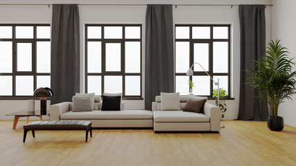 Large luxury modern bright interiors Living room mockup illustration 3D rendering image