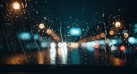 Fototapeta premium Raindrops on car window at night with city lights bokeh