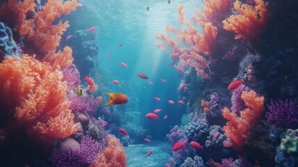 Undersea scene with colorful fish darting through coral formations, creating a lively aquatic background