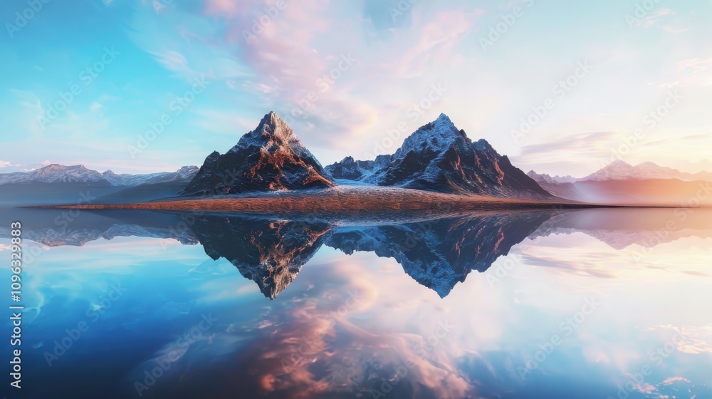 Poster exploring symmetrical desert landscapes mirrored terrain and fractal rock formations in a gradient s